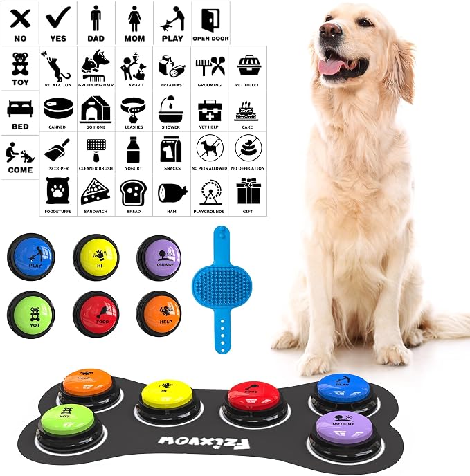 Dog Buttons for Communication 6 Pcs, 30s Recordable Dog Talking Buttons Starter Set with Anti-Slip Mat & 24 Scene Stickers, Pet Training Voice Buzzer