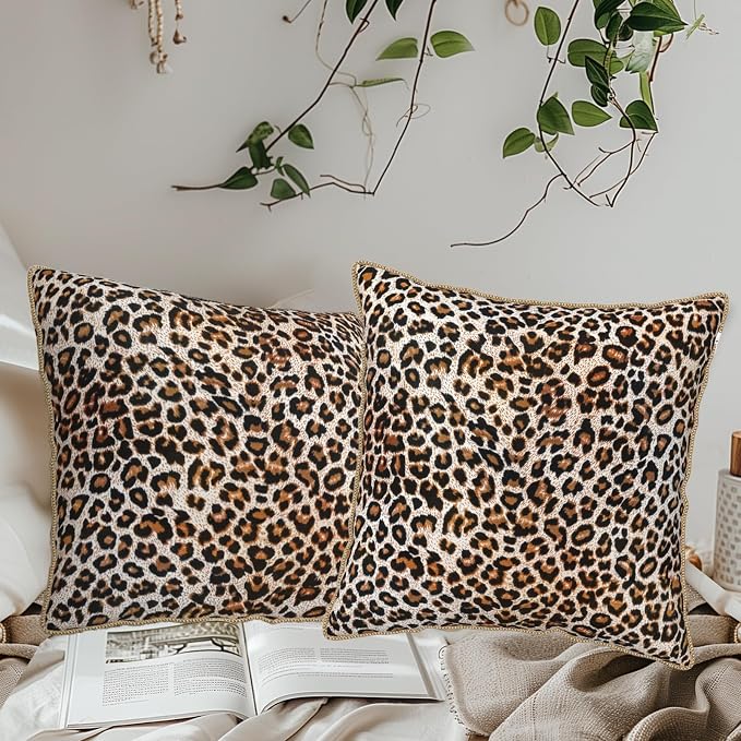 KSLIDS Leopard Print Faux Fur Soft Velvet Throw Pillow Covers Set of 2 Brown Black Cheetah Decorative Pillow Covers 16x16 Inch Animal Pillow Case for Sofa Couch Bedroom Farmhouse Home Decor
