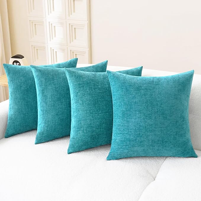 CaliTime Decorative Couch Throw Pillow Covers 18 X 18 Inches Lake Blue | Pack of 4, Cozy Chenille Cushion Cases for Sofa Bed Living Room Farmhouse Home