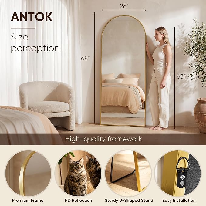 Antok 68" x26” Arched Full Length Floor Mirror, Gold Aluminum Frame, Free Standing/Wall Mount/Leaning for Bedroom, Living Room, Dressing Room
