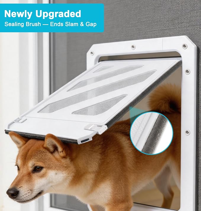 Dog Door for Screen Door, Enhanced Quiet Flap & Sealing Brush, 10.2”x14.3” Opening, Lockable Doggy Screen Door, Magnetic Self-Closing Pet Door-Medium to Large Dogs up to 60 lbs (White)