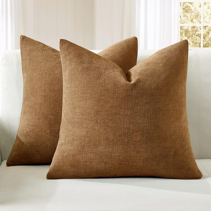MIULEE Bronze Chenille Couch Throw Pillow Covers, 18x18 | Set of 2, Farmhouse Rustic Boho Style, Decorative Pillowcases for Sofa Living Room Bed, Home Decor
