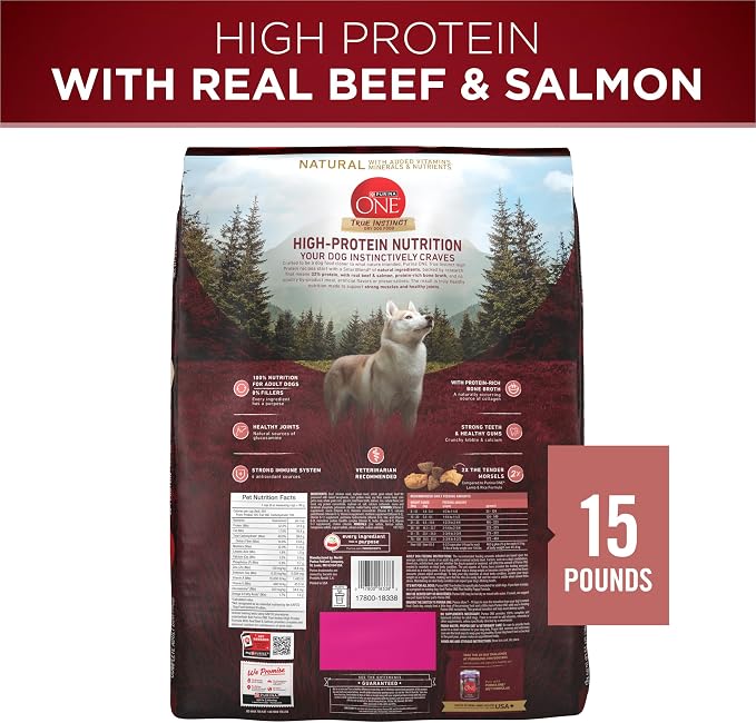 Purina ONE Natural, High Protein Dry Dog Food, SmartBlend True Instinct with Real Beef & Salmon, 15 LB | Nutrient dense, with 32% protein for strong muscles, natural with added vitamins, minerals and nutrients