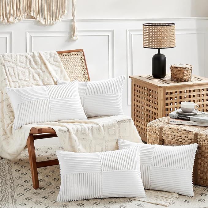 Fancy Homi White Lumbar Decorative Throw Pillow Covers 16x32 Inch for Living Room Couch Bed Sofa, Rustic Farmhouse Boho Home Decor, Soft Striped Corduroy Rectangle Accent Cushion Case 40x80 cm