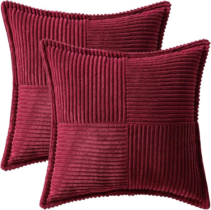 MIULEE Decorative Euro Sham Throw Pillow Covers 24x24 Inch Burgundy 2 Pack | Boho Broadside Striped Patchwork Pillow Covers, Soft Corduroy Cushion Cases, For Bed Sofa Couch Livingroom Home Decor