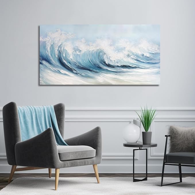 Belmrxne Coastal Wall Decor White Wall Art Ocean Artwork Textured Canvas Painting Wave Wall Painting for Living Room Dining Room Kitchen Office 24x48 Inches