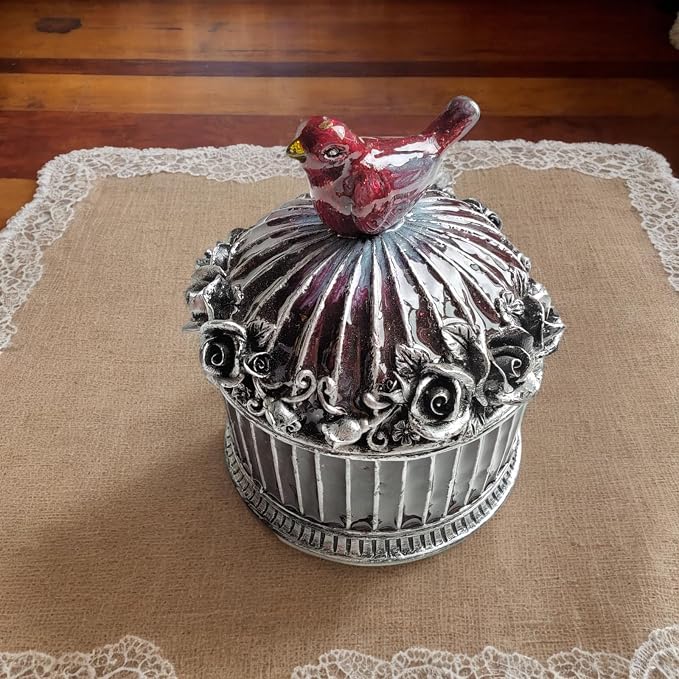 Vintage Birdcage Jewelry Box, Trinket Keepsake Holder with Red Bird & Black Roses, Antique Silver Resin Decorative Storage Container for Rings, Earrings, Vanity & Shelf (bird)