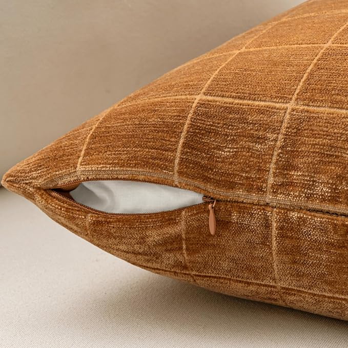 MIULEE Bronze Plaid Decorative Fall Throw Pillow Covers 20x20 Set of 2 | Vintage, Check Chenille Couch Pillows, Boho Farmhouse Cushion Covers, Modern Home Decor for Sofa Bed Living Room