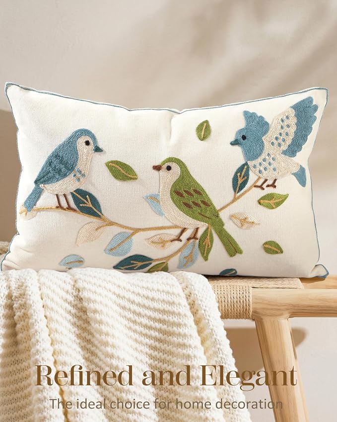Animal Embroidered Lumbar Pillow Cover 20x12 Inch, Floral Birds | Decorative Throw Pillow Cover, Cottagecore Cushion Cases with Hidden Zipper, Farmhouse Decor for Couch, Sofa, Bedroom