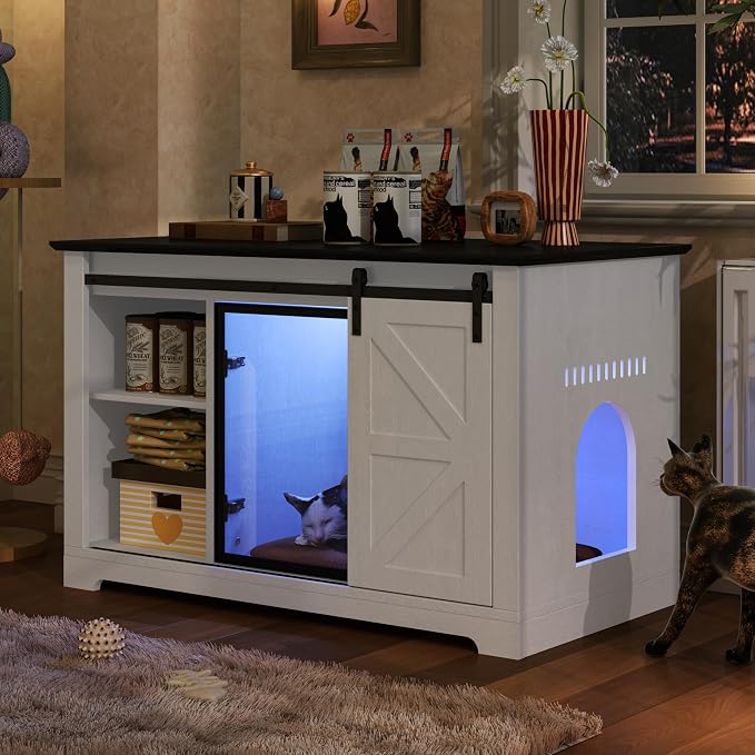 Cat Bed Cave Large Litter Box Enclosure with LED Light, Hidden Cat HOU,A2