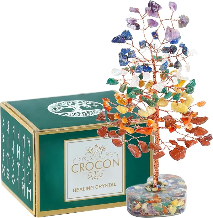 Crocon Crystals Heart Shape Base Tree 7 Chakra Healing Stones Reiki Crystals Spiritual Positive Energy Home Room Office Desk Decor Pink Gifts for Women Men & Mom Birthday Presents Unique