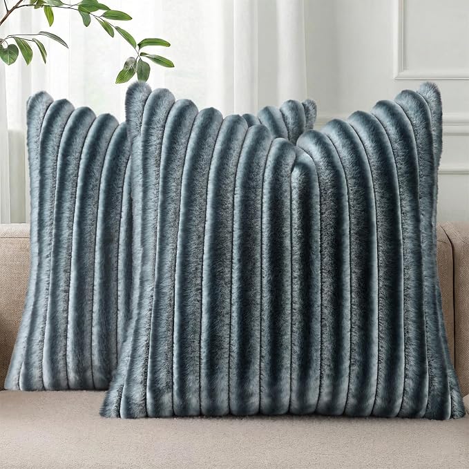 Pallene Faux Fur Decorative Throw Pillow Covers 22x22 Set of 2, Ombre Blue | Luxury Plush Texture, Striped Design, Cozy Soft Touch, Modern Home Accent Decor for Couch, Sofa, Bed, Living Room