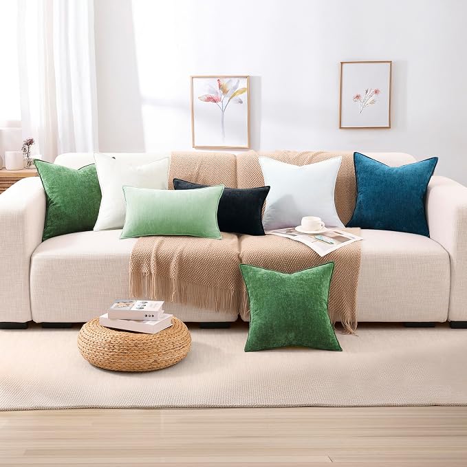 decorUhome Chenille Sage Green Velvet Throw Pillow Covers 12x20 Set of 2 | Fall Soft Lumbar Couch Decorative Modern Farmhouse Pillow Cases with Elegant Design for Sofa Bed Living Room Home Decor