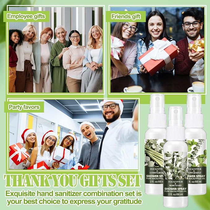 Frienda 6 Pack Eucalyptus Shower Spray with Essential Oils Portable Travel Mist Spray for Spa and Sauna Steam Room Aromatherapy for Women Teacher Staff Employee Thank You Gift 2oz (Eucalyptus Blends)