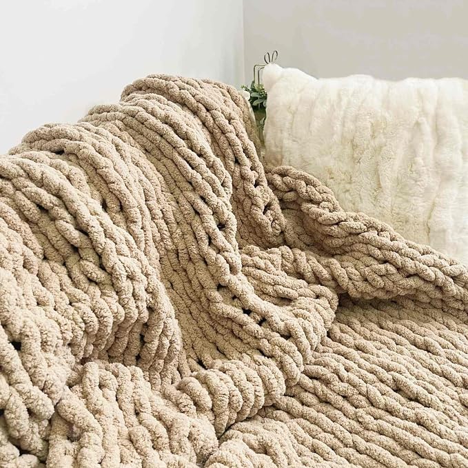 Soft Chunky Knit Throw Blanket for Couch, Cozy Warm Knitted Blankets | Hand Knit with Jumbo Chenille, Lightweight Warm Fluffy Decor for Women, Mom, Her & Girls, Sofa, Chair, Bed, 48"x71" (Tan)