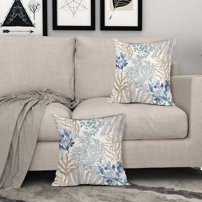 Nautical Coastal Beach Coral Pillow Covers 22x22 Inch Set of 2 Summer Ocean Beach Themed Decorative Pillow Cases Outdoor Linen Square Cushion Cover Farmhouse Decor for Bedroom Home Sofa Couch Bed
