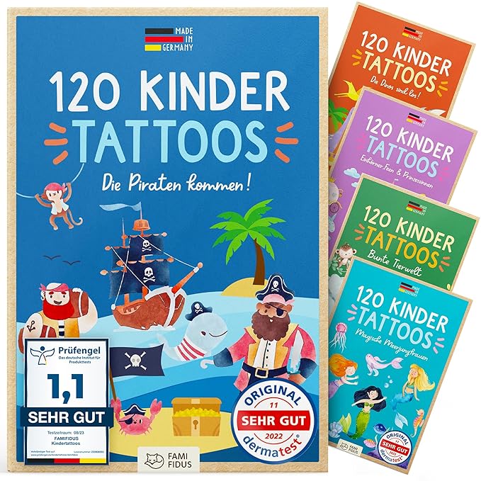 120 Skin-friendly Kids Tattoos - Dermatologically Tested & Rated VERY GOOD - Made in Germany - Our Temporary Tattoos for Kids (Pirates Theme)