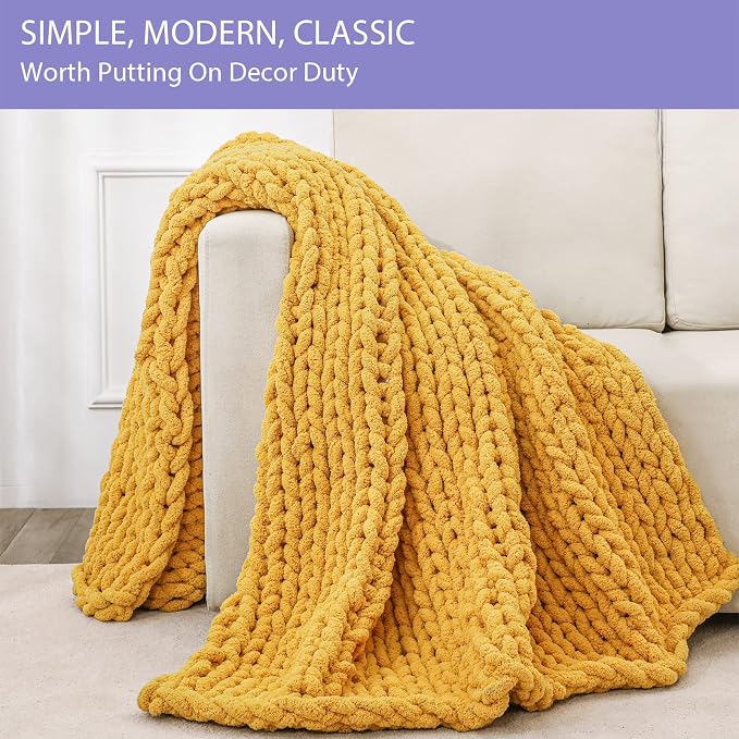 Bigacogo Chunky Knit Throw Blanket for Couch, 40x60 inches, Mustard Yellow | Hand Knit with Jumbo Chenille, Soft Breathable Cable Knit for Sofa Bed Living Room, Machine Washable, Gift for Mom Friend