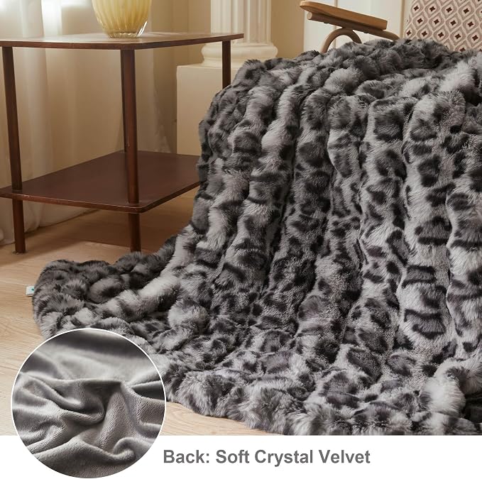 LIFEREVO Leopard Print Fluffy Faux Rabbit Fur Throw Blanket 60x80, Gray | Cheetah Print Soft Plush Bubble Throw for Bed Couch Sofa Office, Washable Skin-Friendly Cozy Furry Blanket for Home Decor