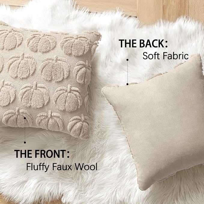 MIULEE Fall Pillow Covers Pumpkin Fall Decor 18x18 Beige | Set of 2 Fall Decorations for Home, Plush Faux Fur Farmhouse Accent Pillowcases, Porch Sofa Couch Cushion Bed Livingroom