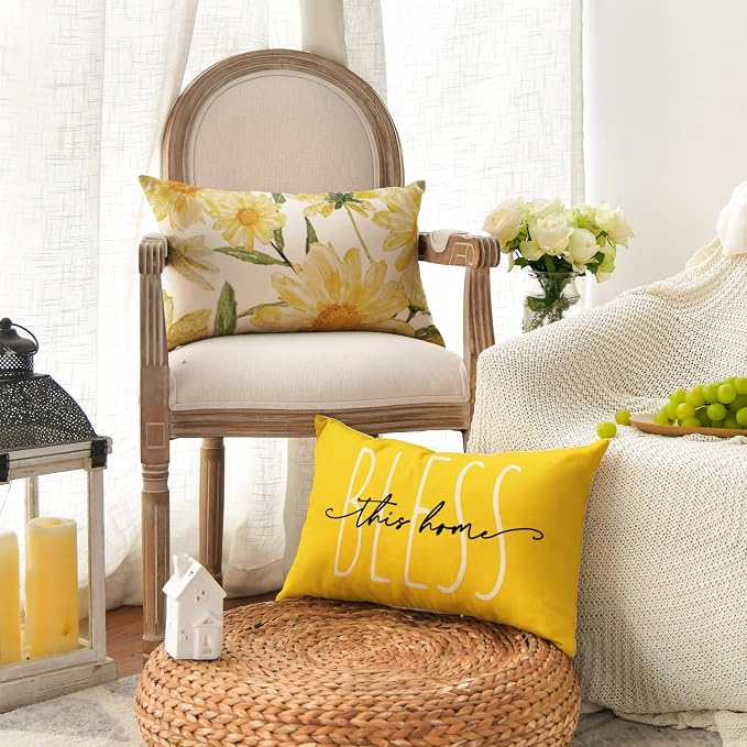 AVOIN colorlife Home Sweet Home Spring Summer Flowers Yellow Throw Pillow Covers, 12 x 20 Inch Cushion Case for Sofa Couch Set of 4