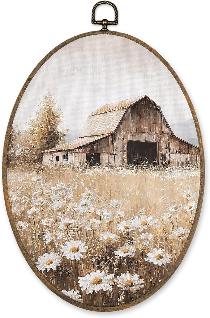 LKETW Farmhouse Country Wildflower Oval Wall Art Decor, Vintage Rustic Nature Daisy Floral Oval Canvas Hanging Decor, Retro Landscape Wall Decorations for Home Bedroom Living Room, 8.6x11.4 Inch