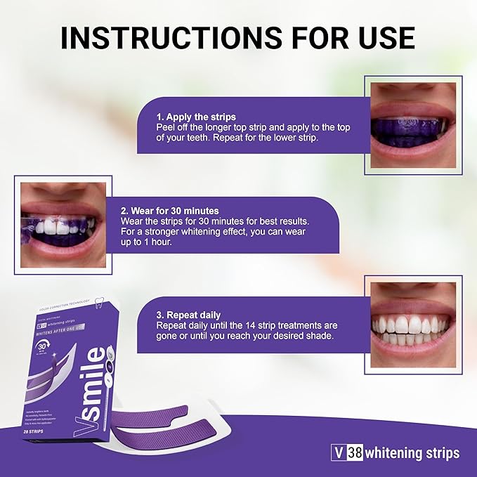 VSmile V38 Teeth Whitening Strips, 28 Count – Peroxide-Free Purple Color Correcting Teeth Whitener Strips with Pap+ & Hydroxyapatite, Enamel Safe, No Sensitivity