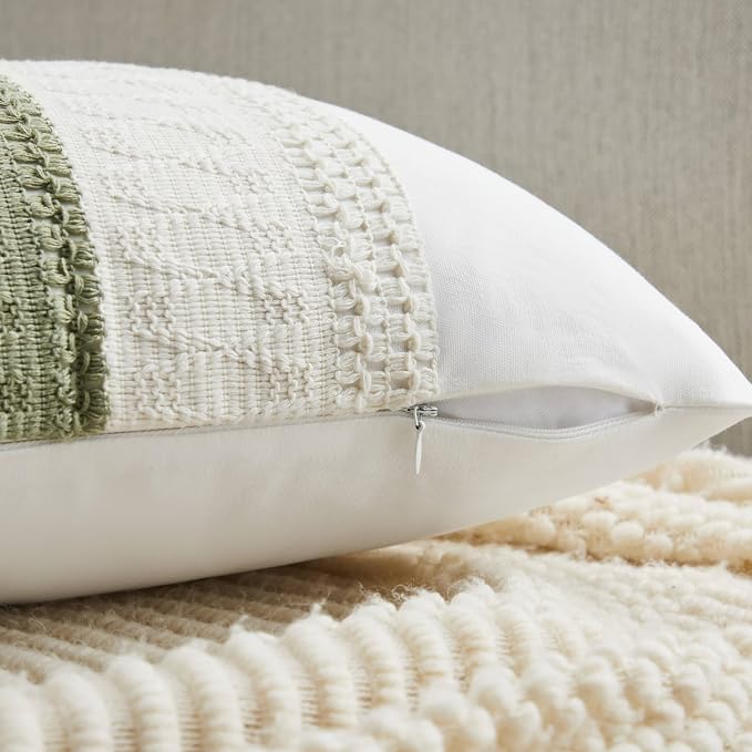 2pk Boho Pillow Covers 18x18, Natural White/Contrast/Green | 100% Organic Cotton Body, Stripe Embroidery, Farmhouse Decorative Cushion Covers for Sofa Bed Living Room Home Decor