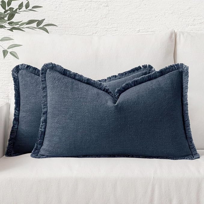 MIULEE Boho Linen Decorative Lumbar Throw Pillow Covers Indigo Blue 12x20 | Set of 2, Cottagecore Decor, Boho Farmhouse Coastal Pillow Covers, Rustic Fringe Couch Cushions for Sofa Bed Living Room