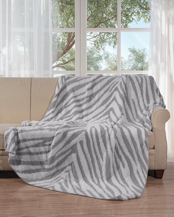 Knit Throw Blanket for Couch, Soft Cozy Fluffy Knitted Blanket for Sofa, Bed, Gift for Women Girls Home Decor (Zebra-Light Gray, Twin 60"x80")