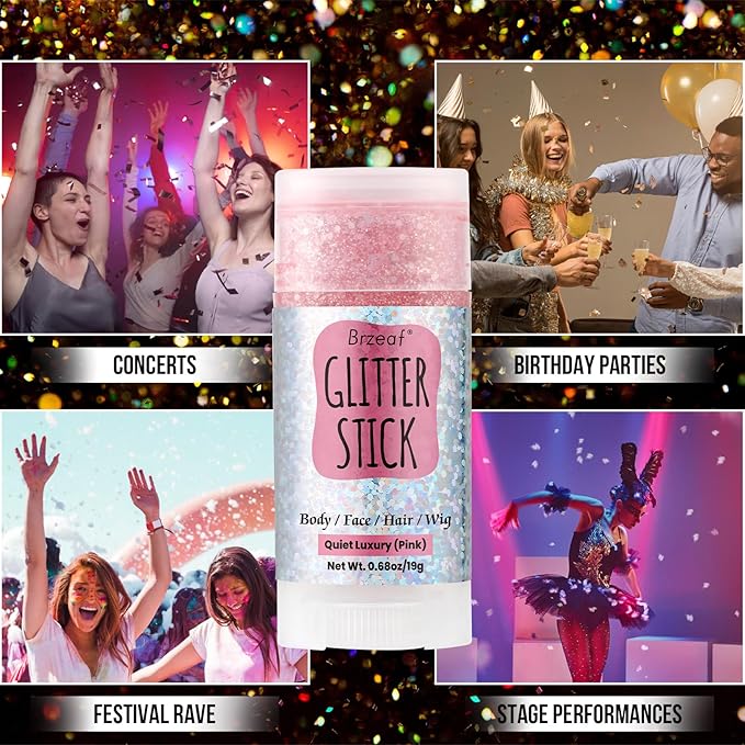 Brzeaf Pink Glitter Stick, Not Greasy & Long Lasting, Christmas Face Glitter Gel, Chunky Glitter for Face/Body/Hair/Eyes/Lip, Singer Concert Music Rave Festival, Glitter Stick Makeup for Women Men