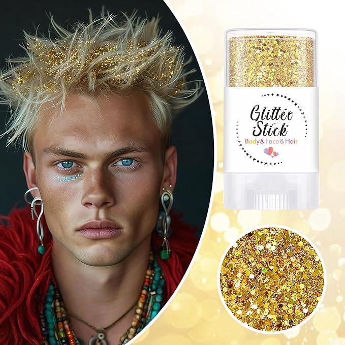 Gold Body Glitter Stick, Neon Outfit Party Holographic Sparkling Sequins Face Paint Mardi Gras Accessories Hair Glitter Gel Makeup. (Gold)