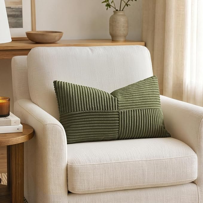MIULEE Olive Green Decorative Lumbar Throw Pillow Covers 12x20 Inch 2 Pack | Boho Farmhouse Pillow Covers, Soft Cross Corduroy Patchwork Textured Cushion Cases For Bed Sofa