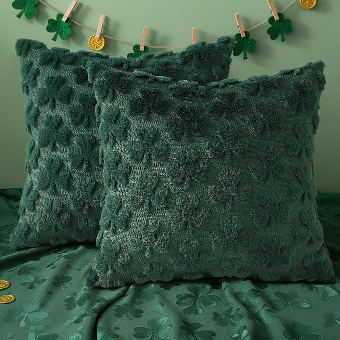 decorUhome Faux Fur Throw Shamrock Green Pillow Covers 20X20 Set of 2 | Plush Soft Wool St. Patrick’s Day Throw Pillow Covers, Accent Modern Farmhouse Pillow Covers Holiday Decor for Sofa Bed