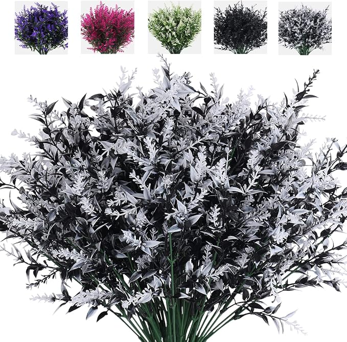 RECUTMS 8 Bundle Artificial Black Flowers Outdoor UV Resistant Fake Flowers | Fall Halloween Decor,Fake Black Plants Greenery Outdoor Shrubs for No Fade Faux Plastic Plants Garden Porch Window Box Décor