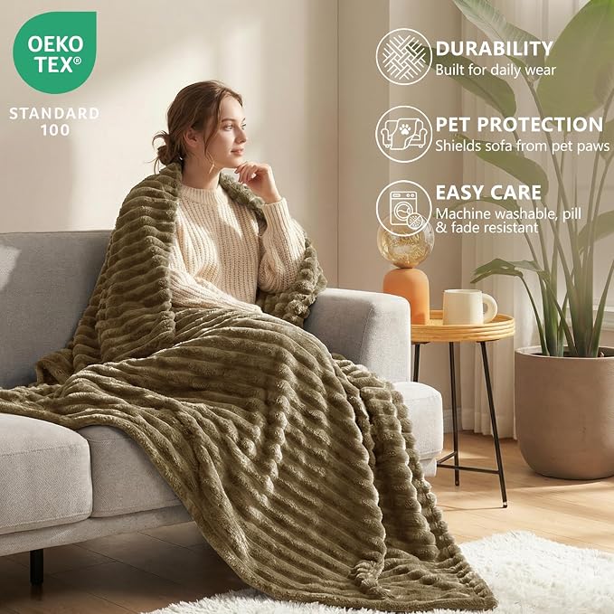 HIMEET Camel Full Size Blanket for Bed, 300GSM Ribbed Fleece, 84 x 90 in | Ultra Soft Flannel, All-Season Lightweight Warmth, Bed Layering & Home Room Decor, Gift for Men & Women, Machine Washable