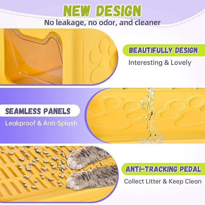 Covered Cat Litter Box, Extra Large Drawer Design with Dual Entry, Yellow | 13L litter capacity, adjustable door, leakproof structure, cleaning accessories, complimentary cat litter mat