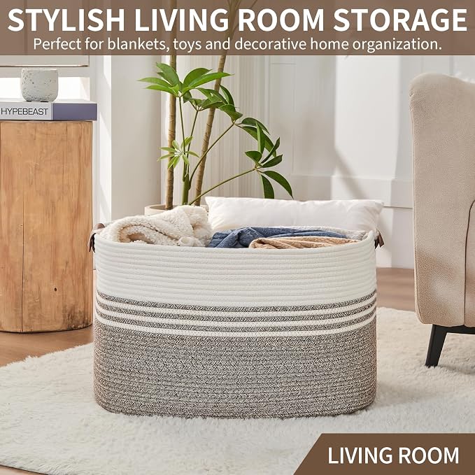 DOFASAYI Laundry Hamper with Handles, 72L Rope Laundry Basket, Brown | Cotton rope clothes hamper with leather handles holds blankets, pillows, toys and laundry in nursery, bedroom or living room