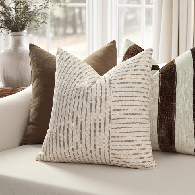 YCOLL Farmhouse Pillow Covers 18x18, Modern Accent Square Throw Pillow Covers Set of 2, Khaki and Beige Striped Patchwork Linen Decorative Pillows Cushion Covers for Couch Chair Bedroom Home Decor