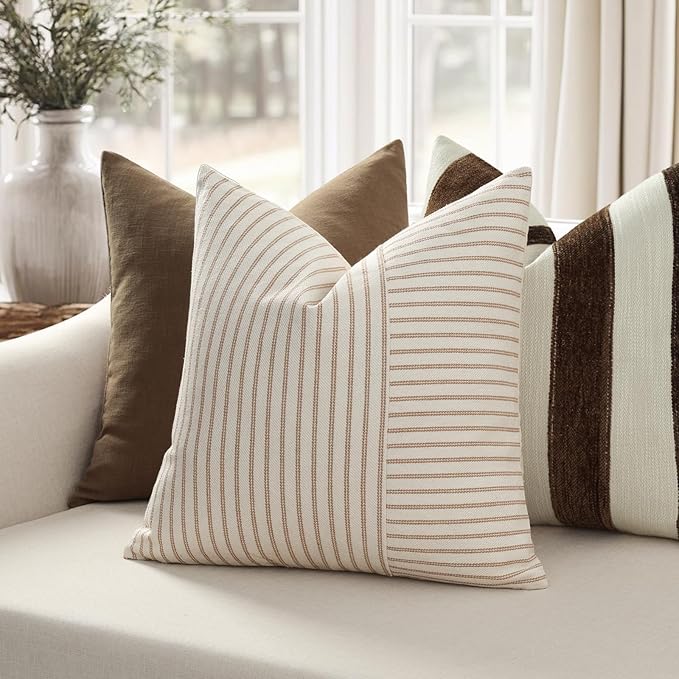 YCOLL Farmhouse Euro Sham Pillow Covers 26x26, Modern Throw Pillow Covers Set of 2, Khaki and Beige Striped Patchwork Linen Decorative Pillows Cushion Covers for Bed Sofa Couch Living Room Home Decor