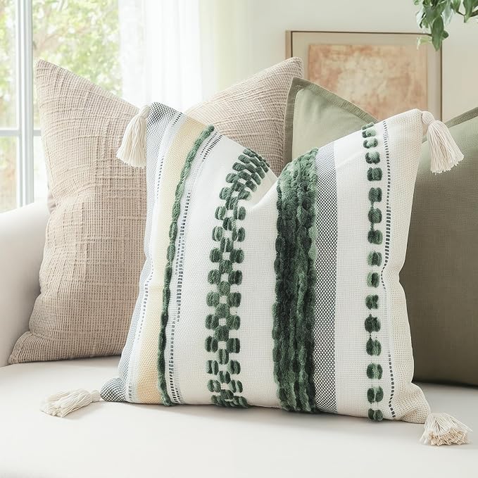 PANOD Chenille Farmhouse Throw Pillow Covers 18 x 18 Dark Green, Neutral Boucle Couch Pillow Cover, Striped Decorative Boho Coushion Cover Pillow Case for Couch Bed Sofa Bedroom,Modern Accent,Set of 2