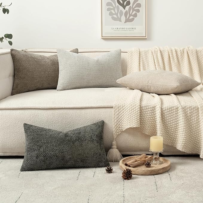MIULEE Decorative Chenille Lumbar Pillow Covers Neutral 12x20 Pack of 4 | Mid Century Modern Decor, Cream to Charcoal Set, Couch Throw Pillows, Farmhouse Boho Cushion Covers for Sofa Bed Living Room