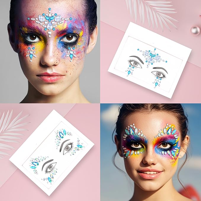 SAOROPEB Face Gems - 6 Sets Mermaid Face Jewels Temporary Tattoo Stickers Acrylic Crystal Glitter Stickers Waterproof Eye Gems Stick On Rainbow Tears Rhinestone for Party, Rave Festival
