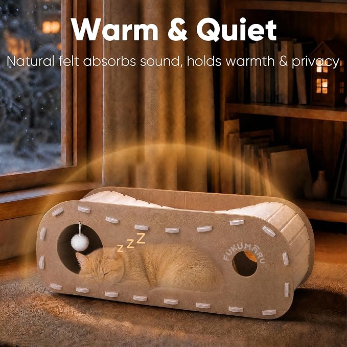 FUKUMARU Cat Bed Cave Tunnel, 31.5 Inch, Cat House Condo Indoor, Beige | Extra Long Design, For Multiple & Large Cats, Felt Material, Fluffy Ball Included, Scratch Resistant