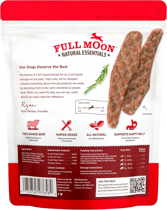 Full Moon® Essential Beef Tenders Dog Treats 14 oz | Human Grade, No corn, No wheat, No soy, Glycerin Free, Made in the USA