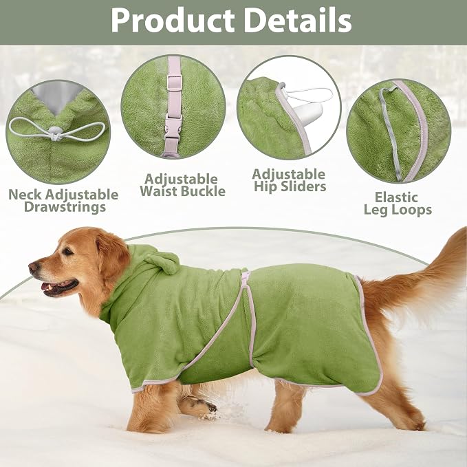 Dog Bathrobe Super Absorbent Towel Robe - Microfiber Bath Towels Fast Drying Coat for Dogs, Cute Dogs Clothes Adjustable Collar & Belly Strap Warm Keeping Hooded Dog Towel (Olive Green, X-Large)