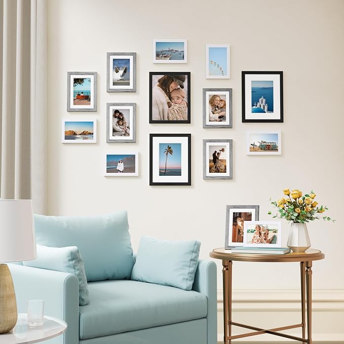 Vittanly 15 Pack Gallery Wall Frame Set, Black, Grey, White | Picture Frames Collage Wall Decor: 3pcs 8x10, 6pcs 5x7, 6pcs 4x6. Picture Frame Set for Wall or Tabletop Display