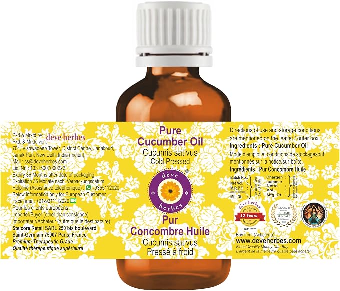 Deve Herbes Cucumber Oil (Cucumis sativus) | Cold Pressed | Pure | Natural | Undiluted | For Diluting Essential oils | For Skin & Massage | Non-Sticky | Lightweight | Men & Women | 30ml (1 oz)