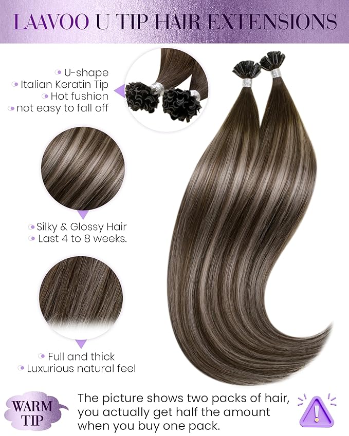 LaaVoo U Tip Hair Extensions Human Hair Balayage K Tip Hair Extensions Real Human Hair Dark Brown Ombre Ash Brown 50g 50s 14inch