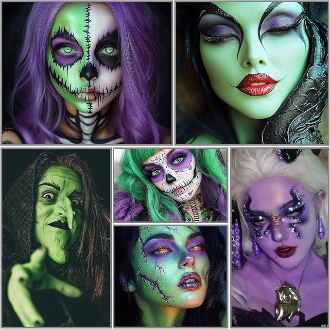 White Green Purple Face Body Paint, Face Painting Kit with Brushes for Beetlejuice & Frankenstein Halloween Makeup, Facepaints for Witch Ursula Maleficent Costume Cosplay & Monster Skeleton SFX Makeup
